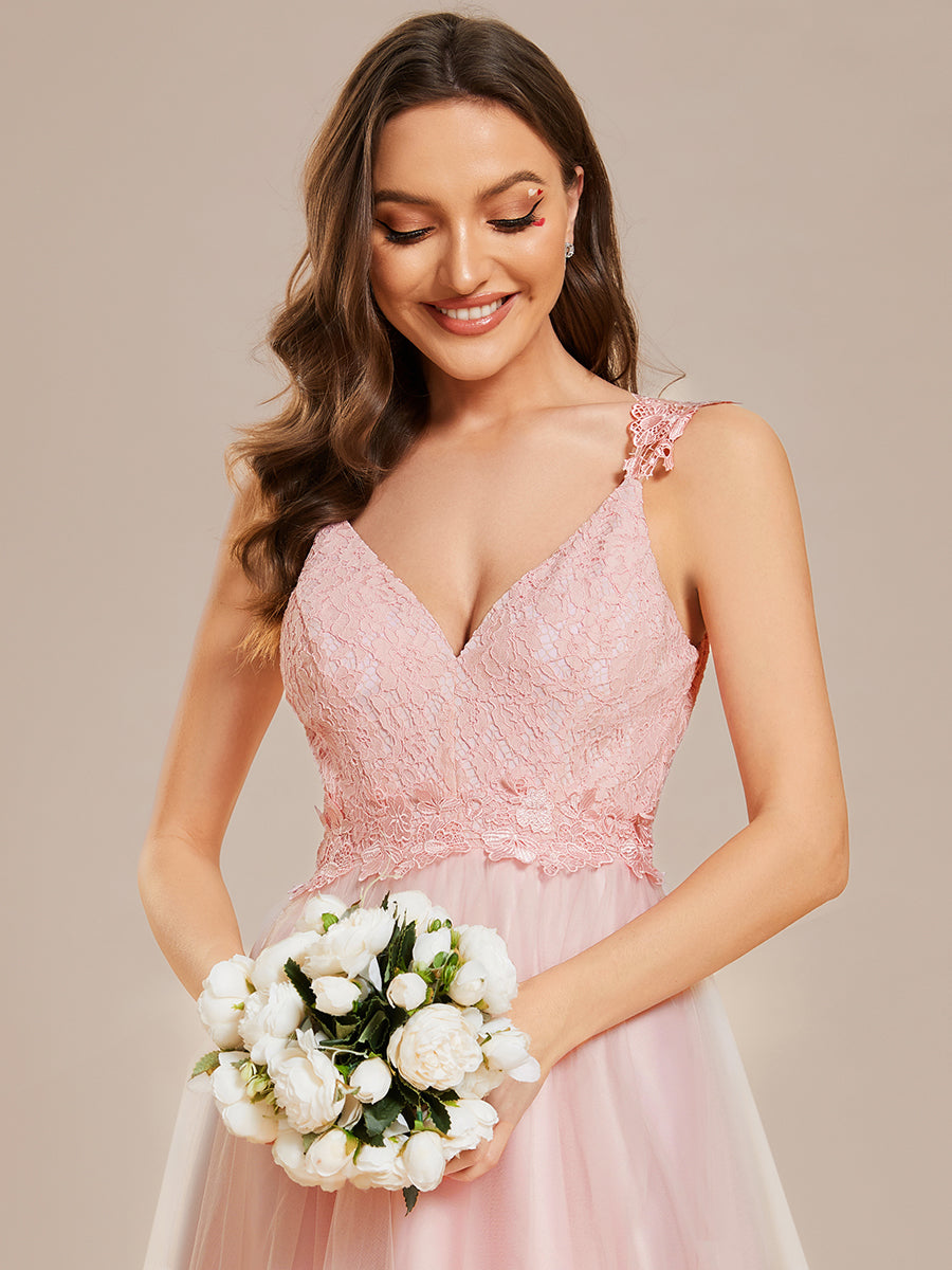 Robe De Mariée Trapèze à Double Col En V Et Corsage En Dentelle #Couleur_Rose