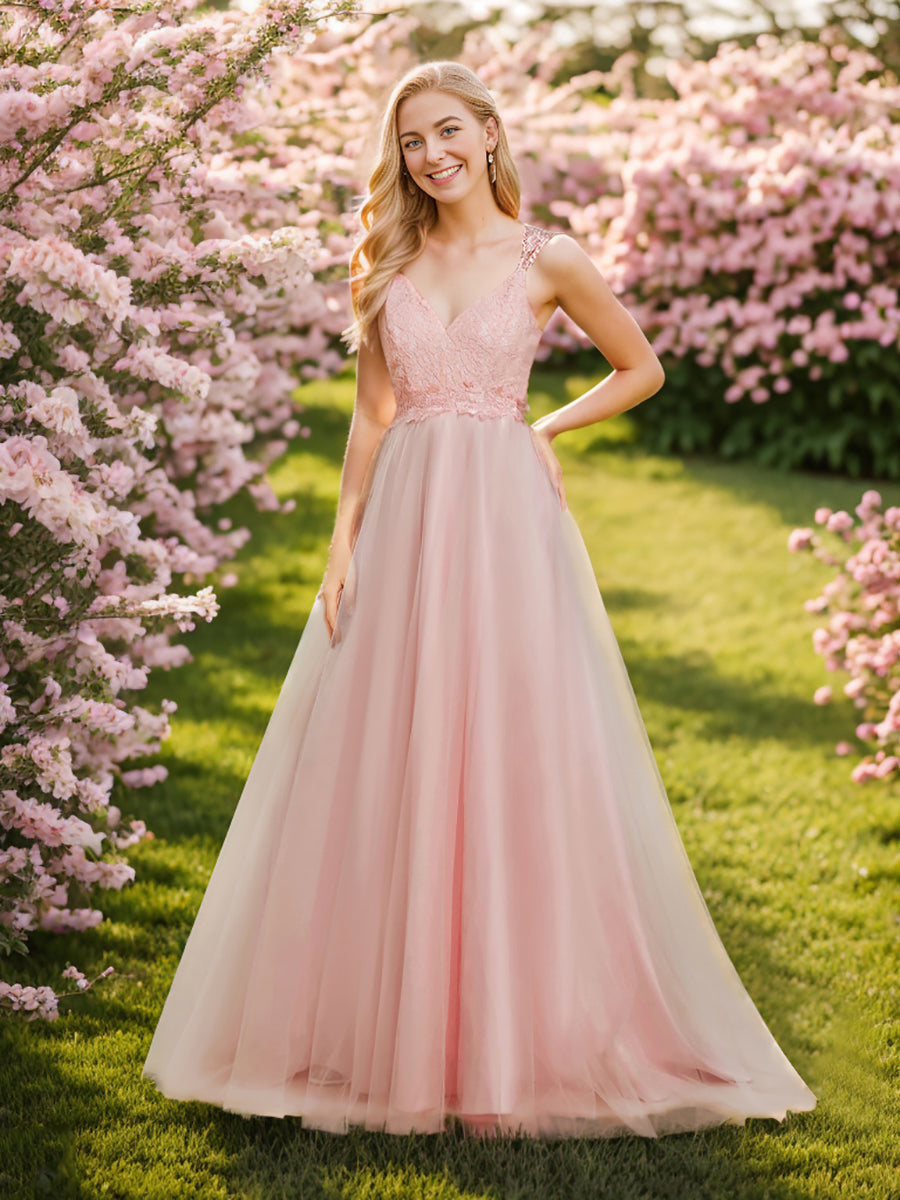 Robe De Mariée Trapèze à Double Col En V Et Corsage En Dentelle #Couleur_Rose