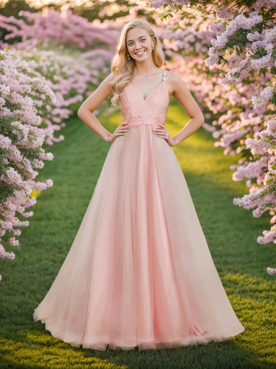 Robe De Mariée Trapèze à Double Col En V Et Corsage En Dentelle #Couleur_Rose