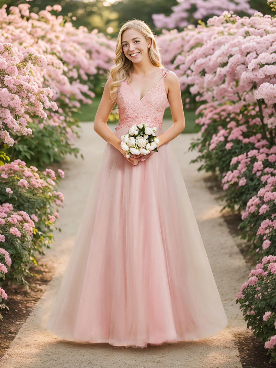 Robe De Mariée Trapèze à Double Col En V Et Corsage En Dentelle #Couleur_Rose