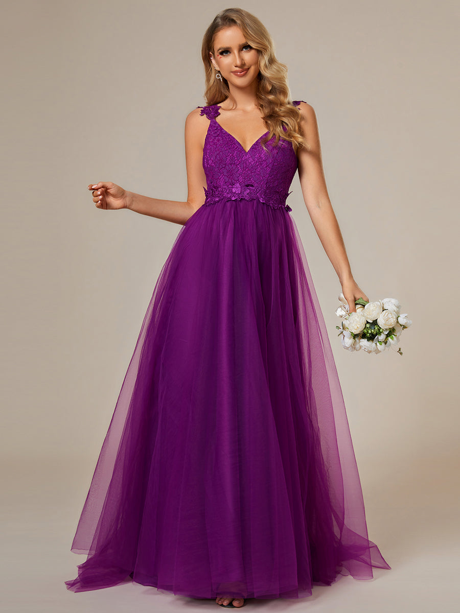 Robe De Mariée Trapèze à Double Col En V Et Corsage En Dentelle #Couleur_Glycine violette