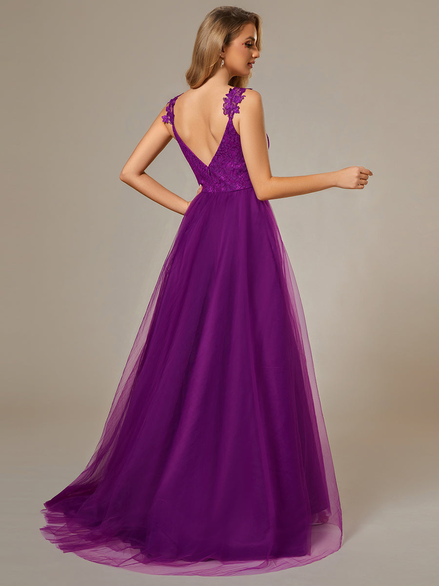 Robe De Mariée Trapèze à Double Col En V Et Corsage En Dentelle #Couleur_Glycine violette