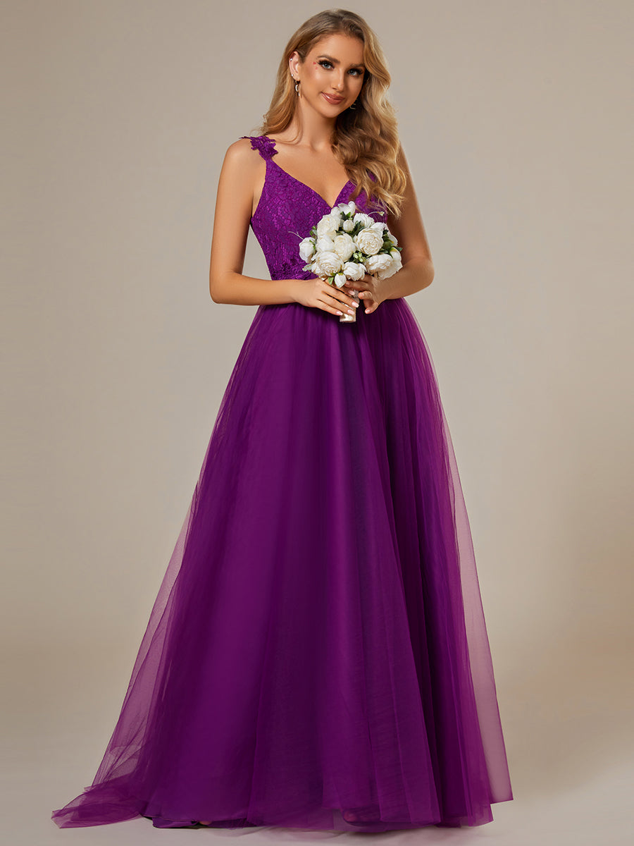 Robe De Mariée Trapèze à Double Col En V Et Corsage En Dentelle #Couleur_Glycine violette