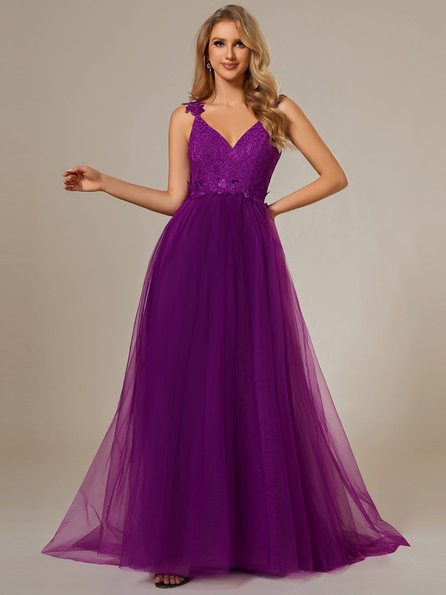 Robe De Mariée Trapèze à Double Col En V Et Corsage En Dentelle #Couleur_Glycine violette