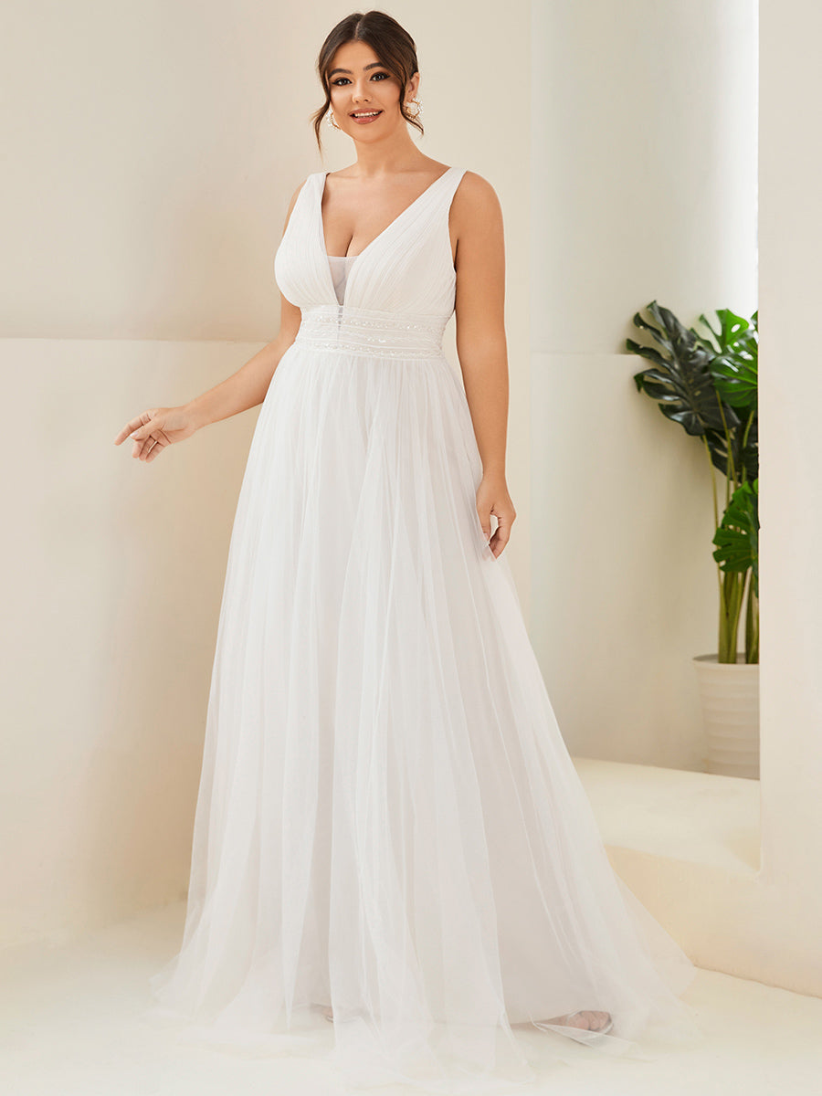 Robe de mariée longue sans manches V profond Grande taille #Couleur_Ivory