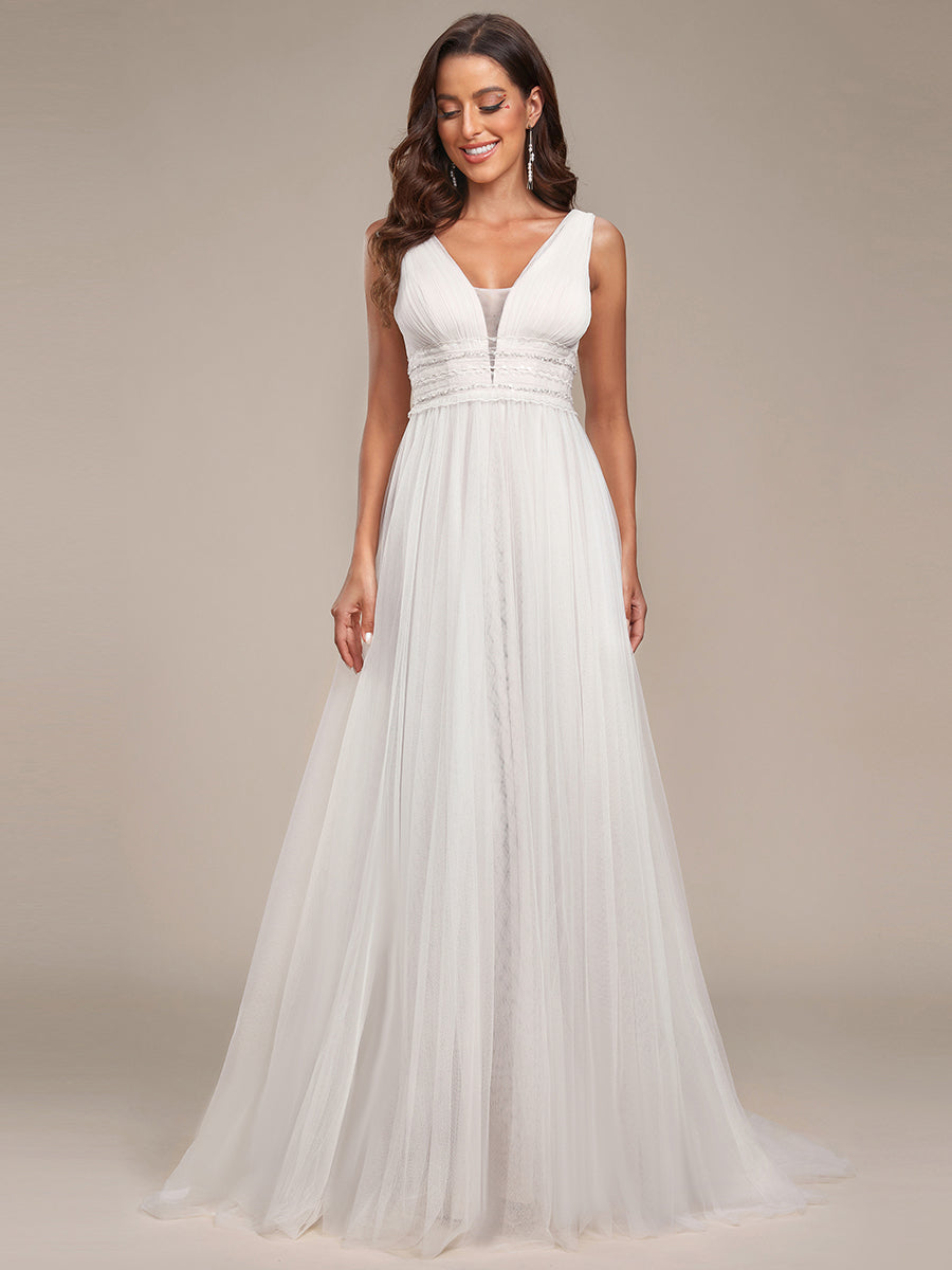 Robe de mariée longue sans manches en V profond et dos bas #Couleur_Ivory