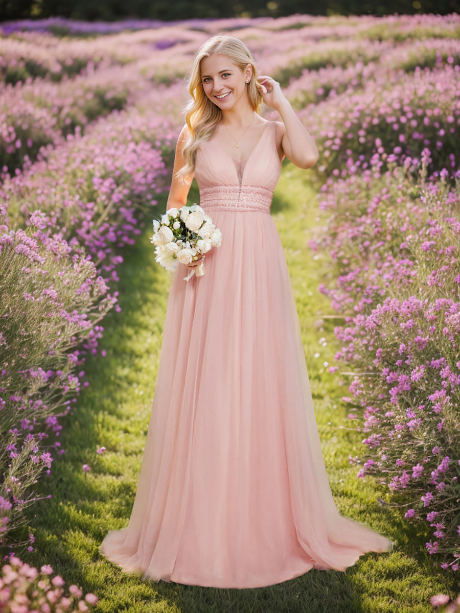 Robe de mariée longue sans manches en V profond et dos bas #Couleur_Rose