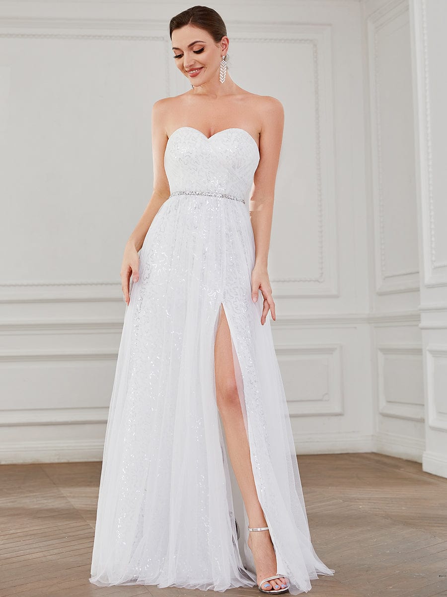 Robe de mariée fendue sur le côté sans manches en dentelle #Couleur_Blanc