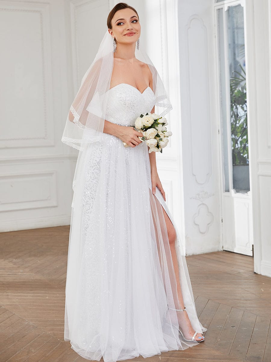 Robe de mariée fendue sur le côté sans manches en dentelle #Couleur_Blanc