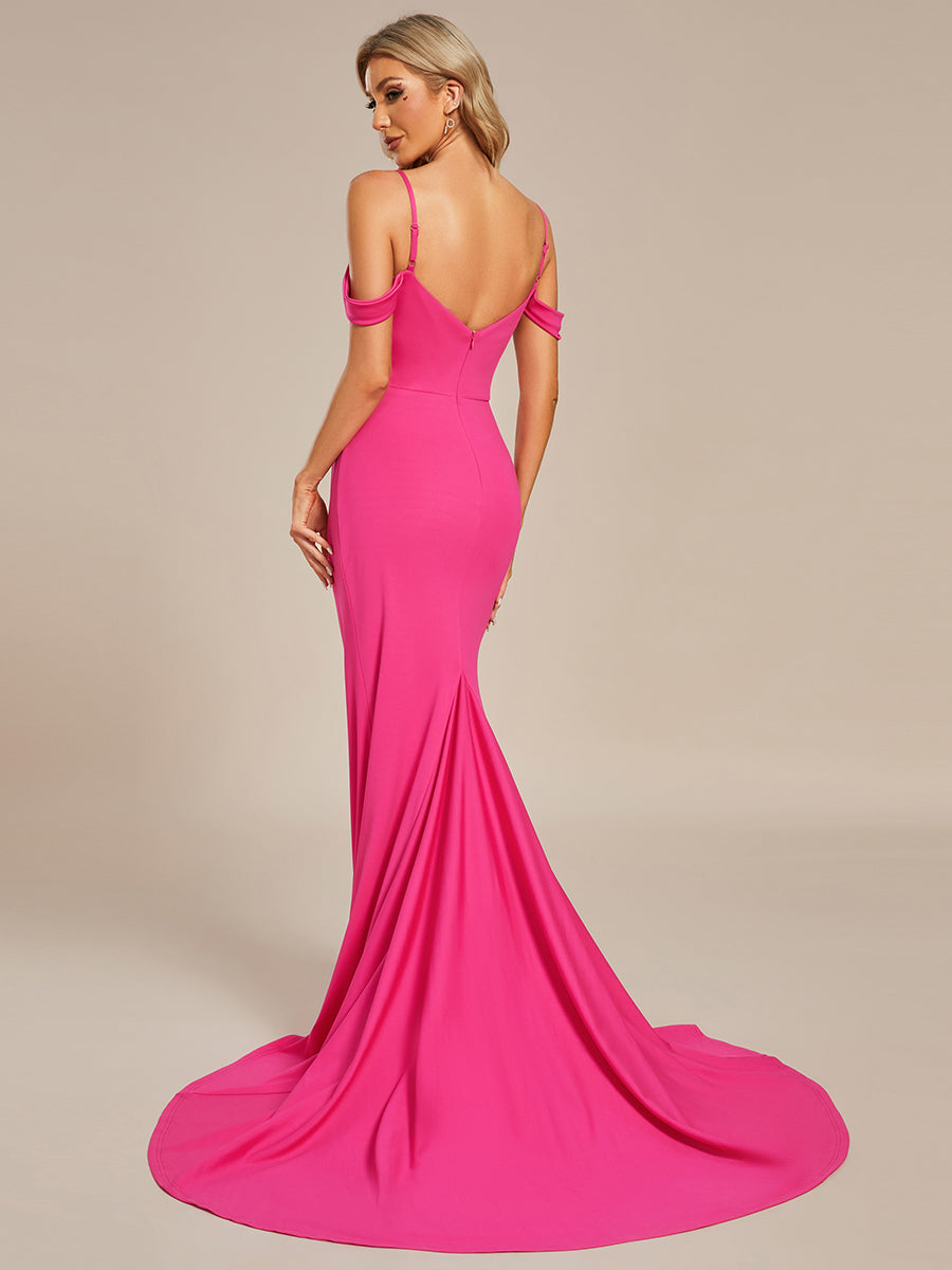 Robe de Mariée plissée Col en V profond et Bretelles Fines #Couleur_Rose Vif