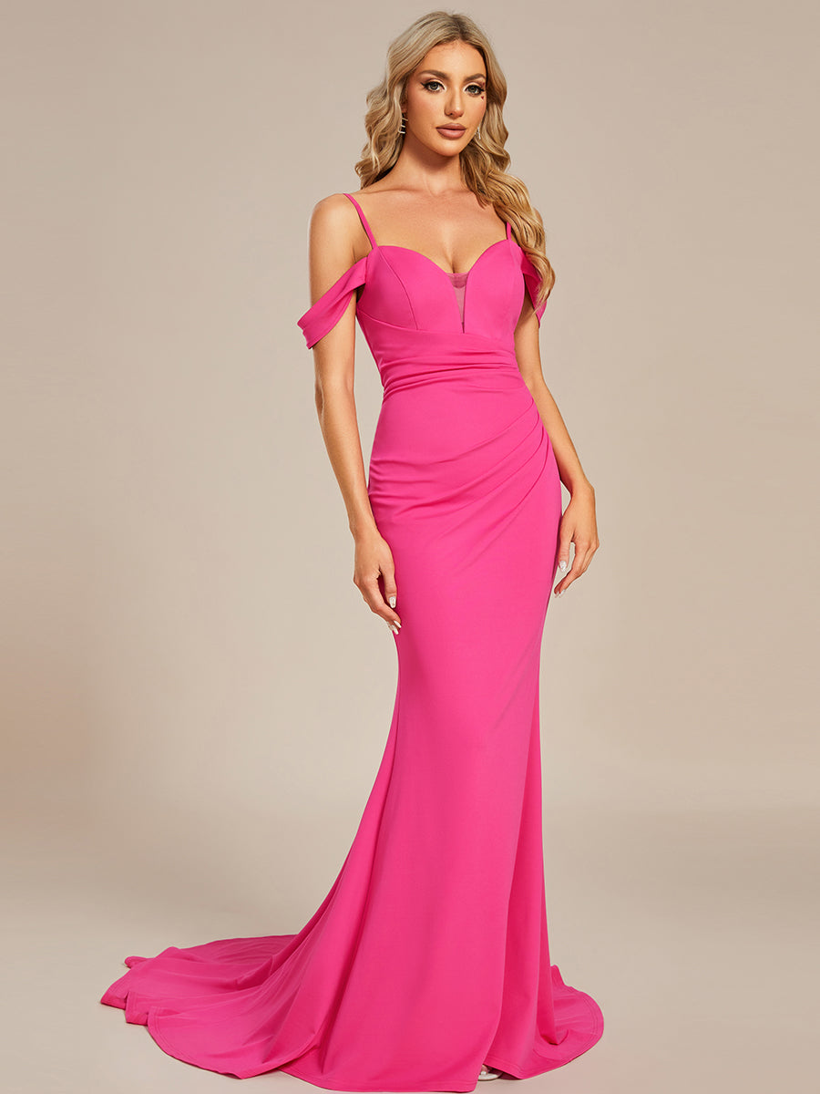 Robe de Mariée plissée Col en V profond et Bretelles Fines #Couleur_Rose Vif