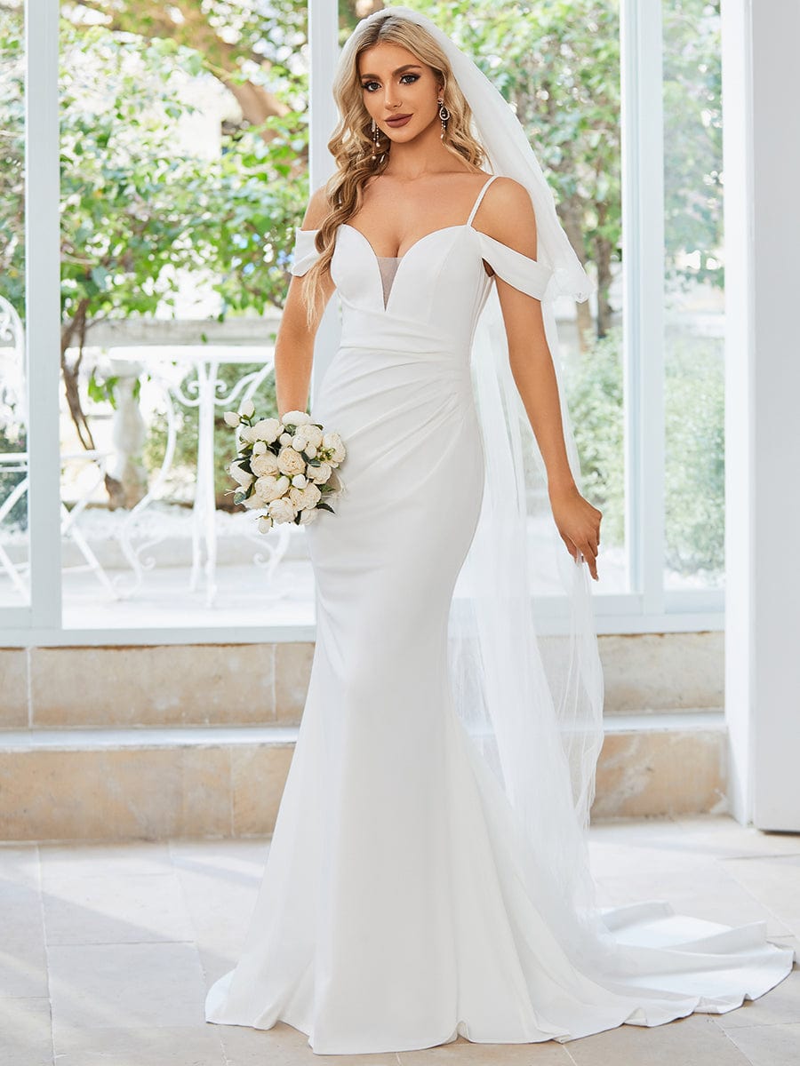 Robe de Mariée plissée Col en V profond et Bretelles Fines #Couleur_Blanc