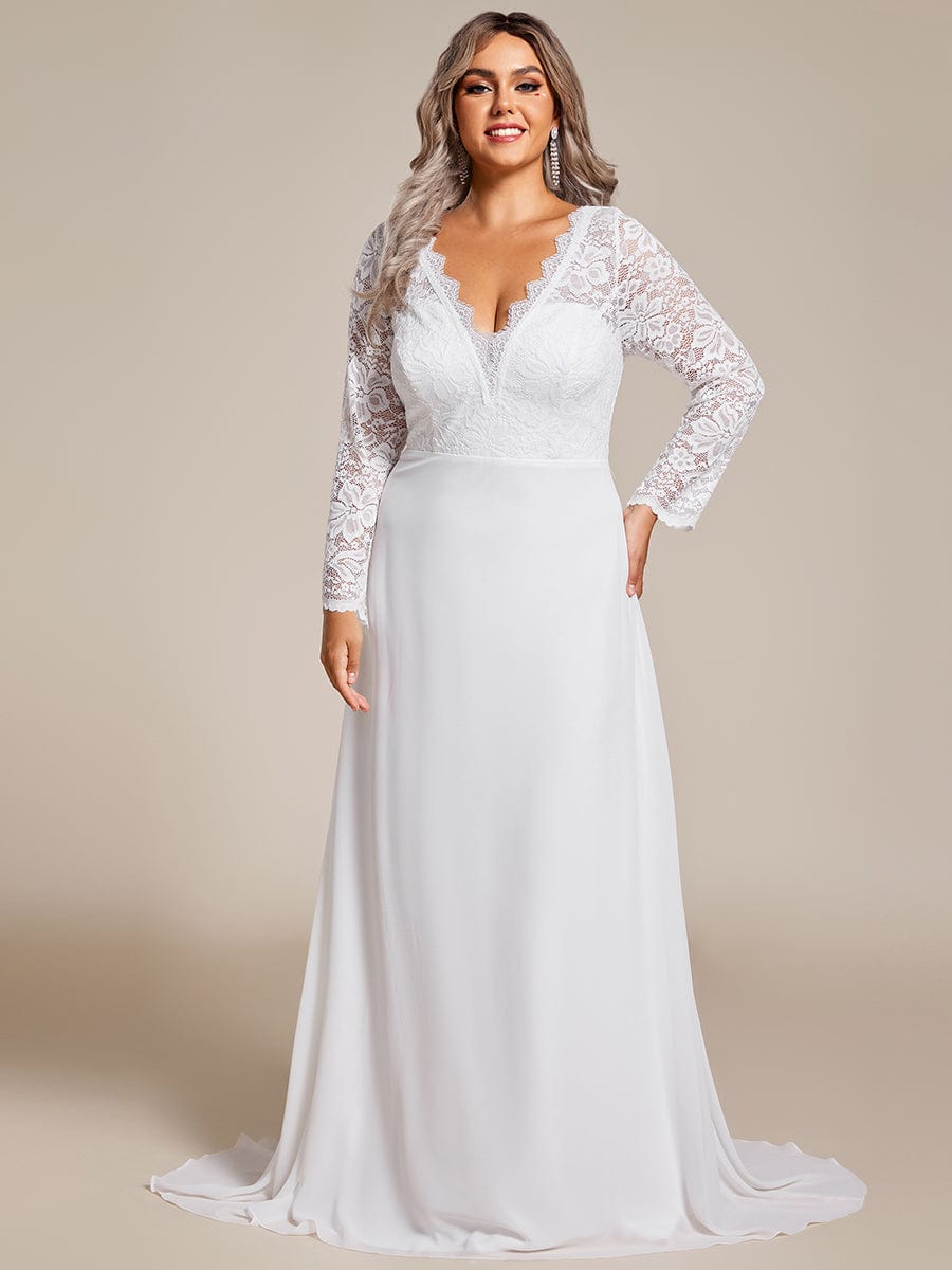 Robe de mariée trapèze à manches longues en mousseline de soie et dentelle élégante de grande taille #Couleur_Blanc