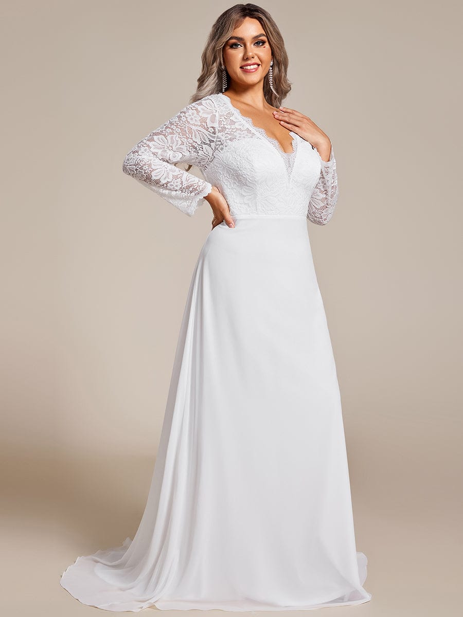 Robe de mariée trapèze à manches longues en mousseline de soie et dentelle élégante de grande taille #Couleur_Blanc