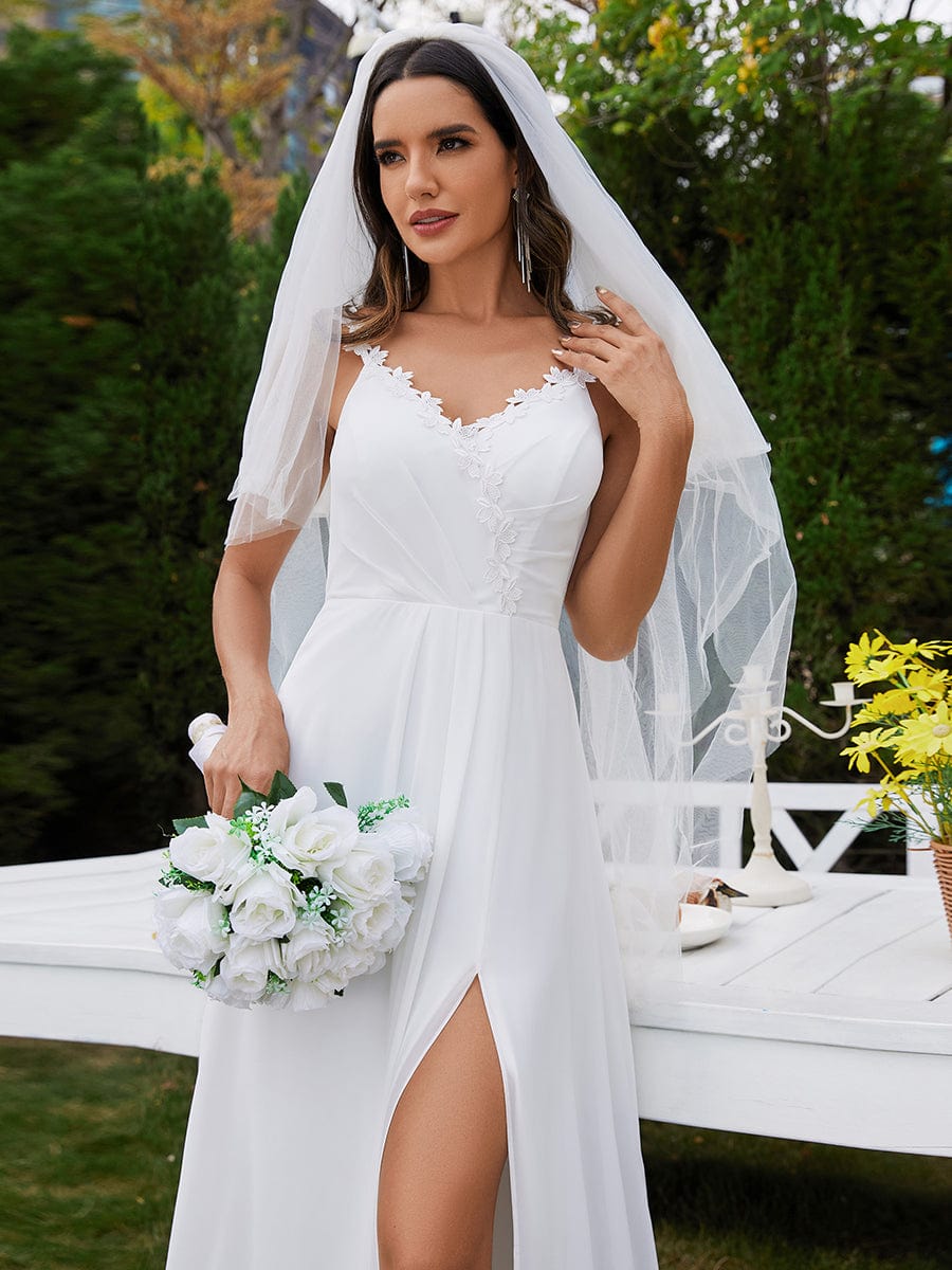 Robes de mariée en mousseline de soie, imprimé floral, bretelles, col en V, fente haute, bretelles spaghetti #Couleur_Blanc