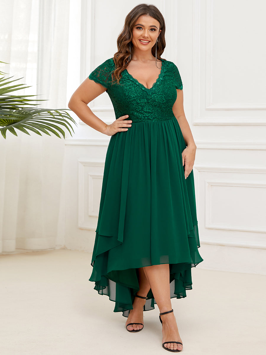 Robe de mère de la mariée à manches courtes avec rubans vintage Grande taille #Couleur_Vert Fonce