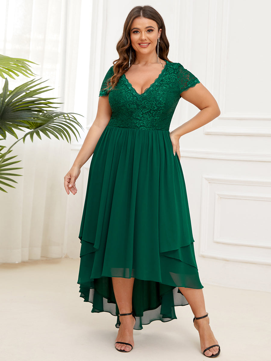 Robe de mère de la mariée à manches courtes avec rubans vintage Grande taille #Couleur_Vert Fonce