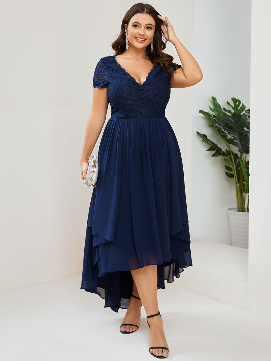 Robe de mère de la mariée à manches courtes avec rubans vintage Grande taille #Couleur_Bleu Marine