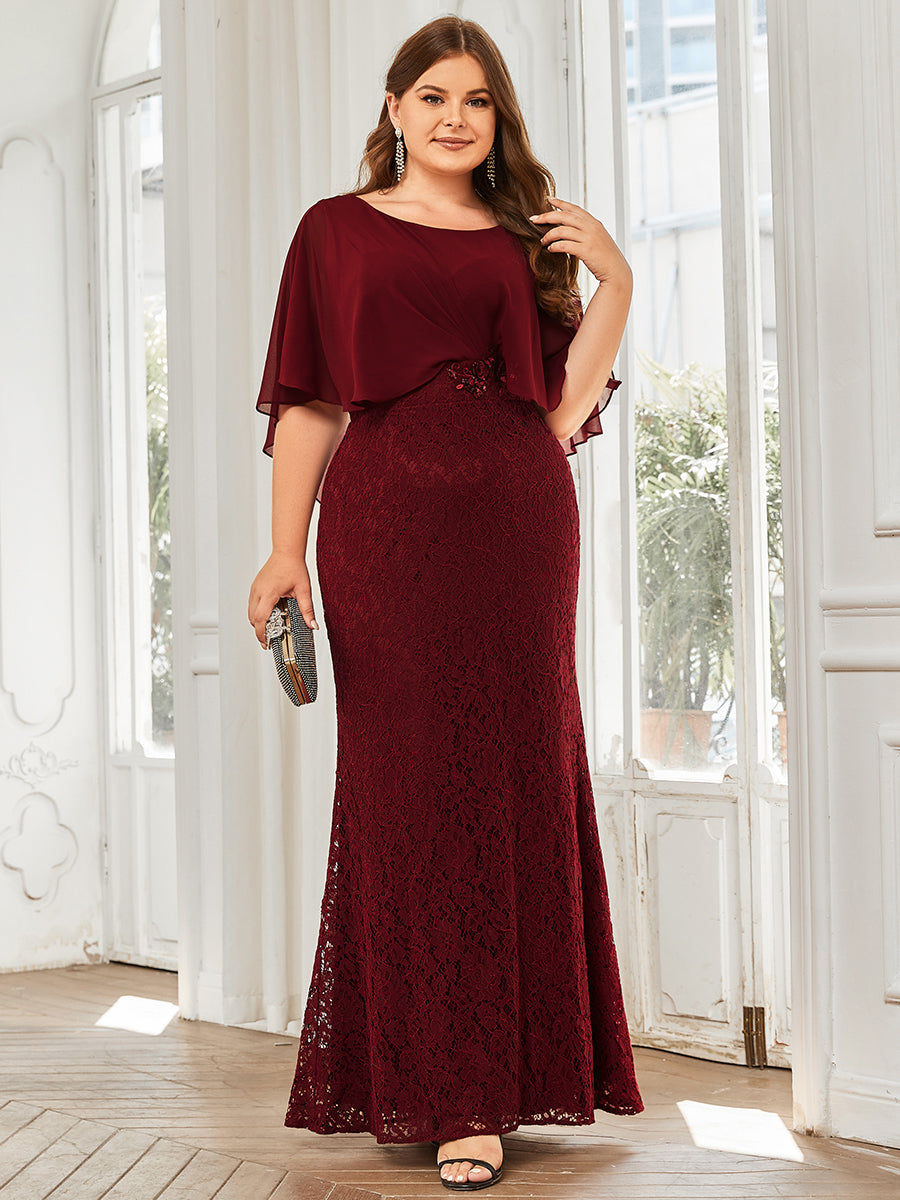 Robe de Mère de Mariée Ajustée et Évasée en Dentelle Capelet de Grande Taille #Couleur_Bordeaux