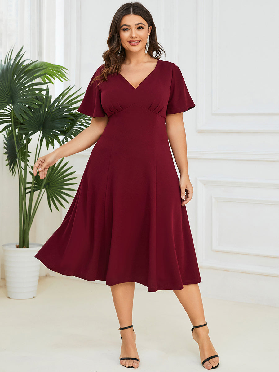 Robe Mère de la Mariée Mi-Longue Élégante Manches Courtes Grande Taille #Couleur_Bordeaux