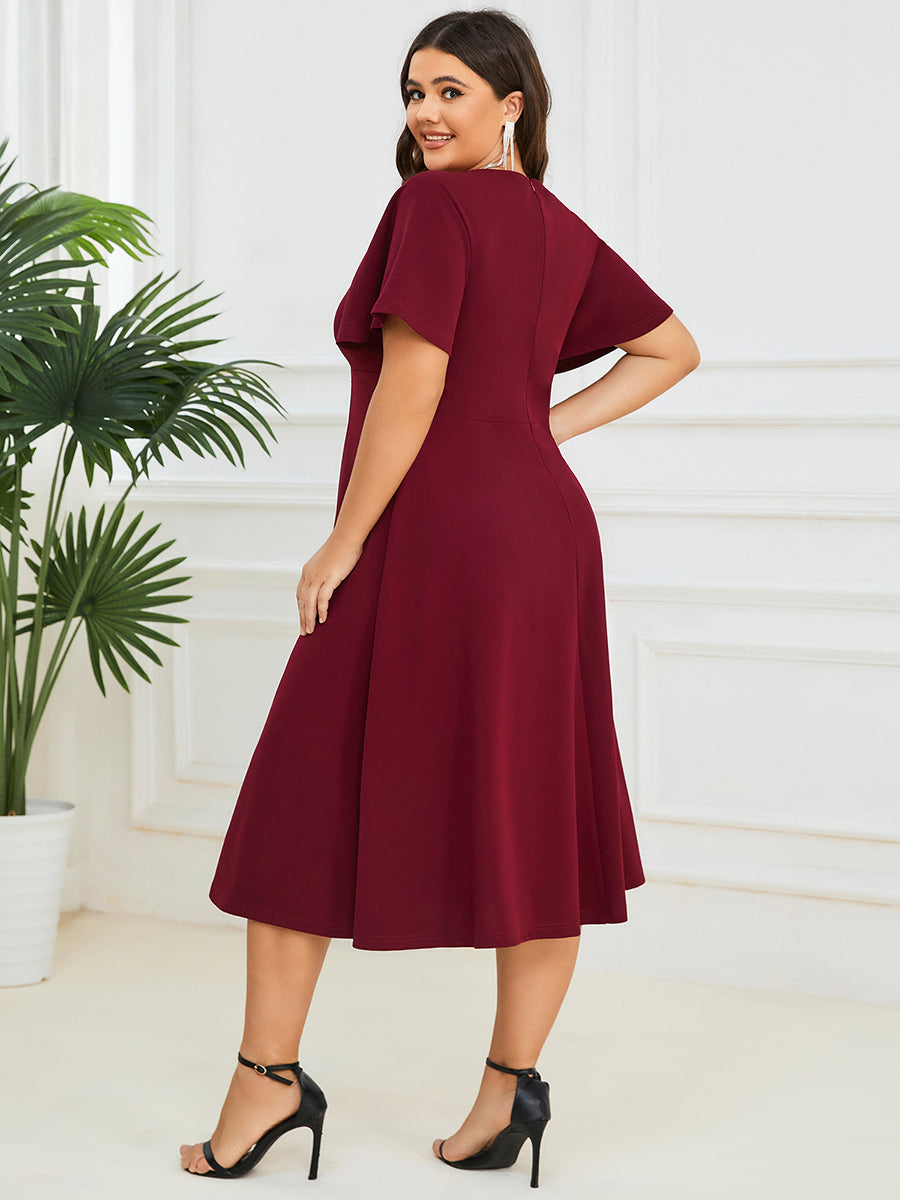 Robe Mère de la Mariée Mi-Longue Élégante Manches Courtes Grande Taille #Couleur_Bordeaux