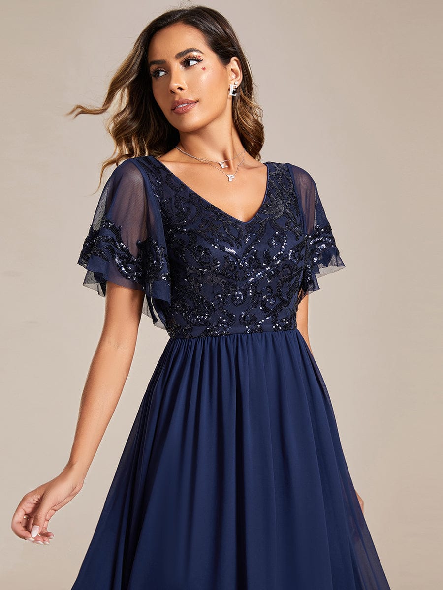 Robe Mère de la Mariée Col en V Manches Courtes Corsage à Paillettes Grande Taille #Couleur_Bleu Marine