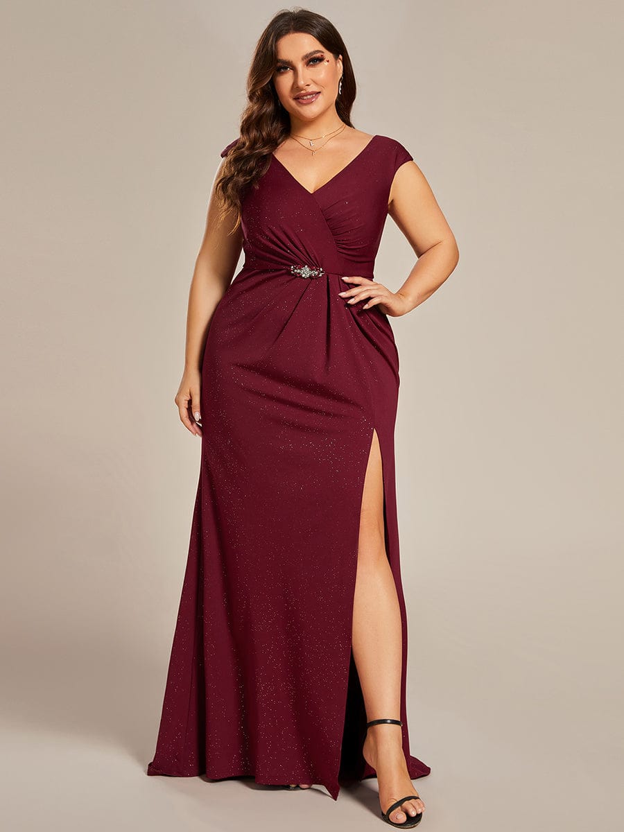 Robe mère de la mariée élégante col en V scintillant fendue grande taille #Couleur_Bordeaux