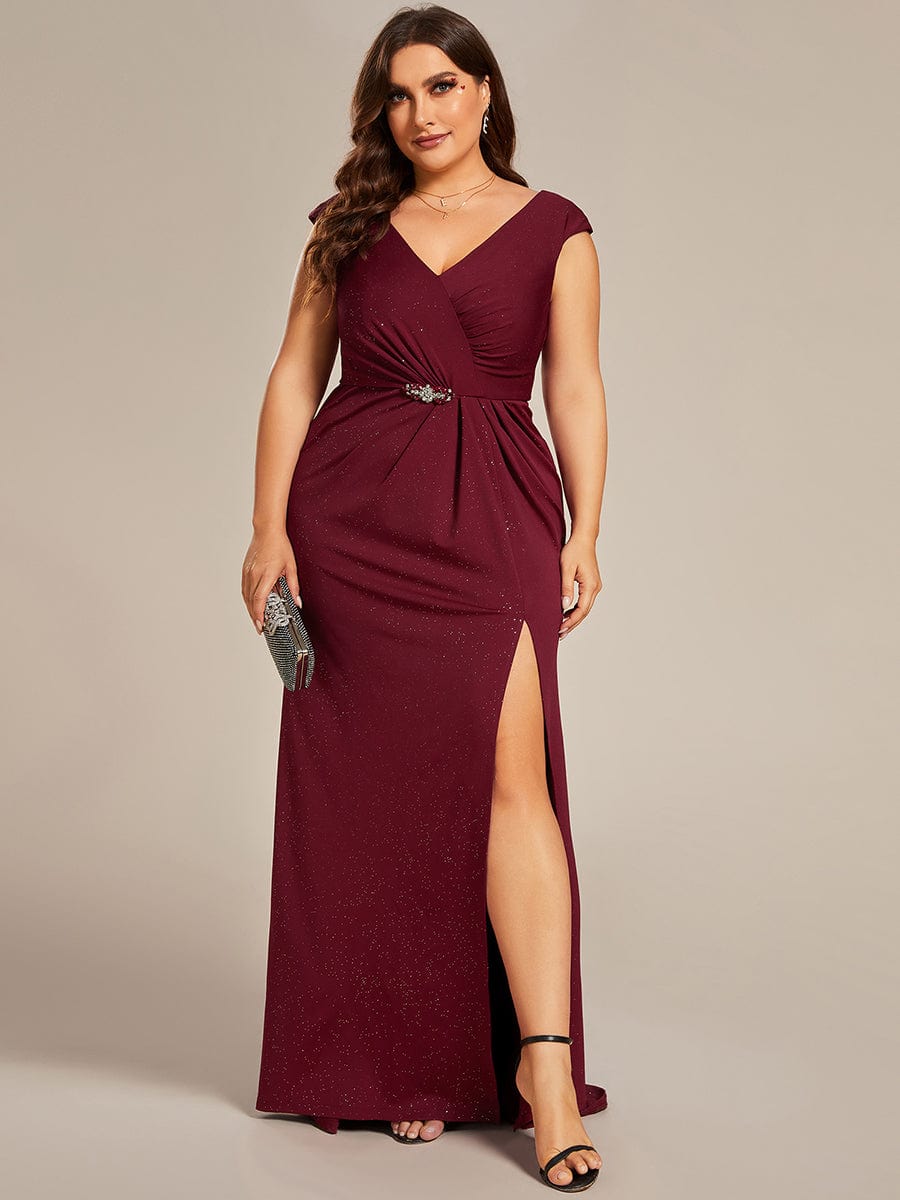 Robe mère de la mariée élégante col en V scintillant fendue grande taille #Couleur_Bordeaux