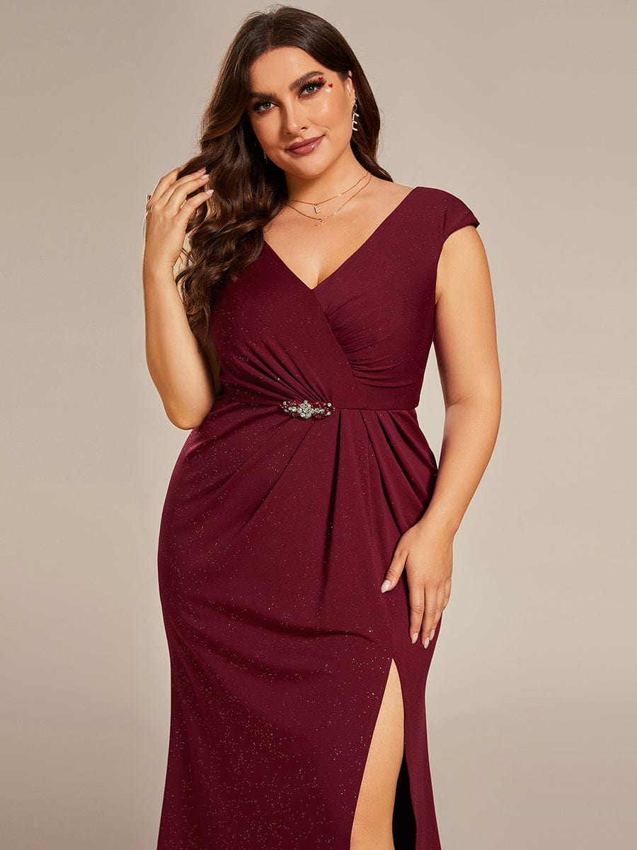 Robe mère de la mariée élégante col en V scintillant fendue grande taille #Couleur_Bordeaux