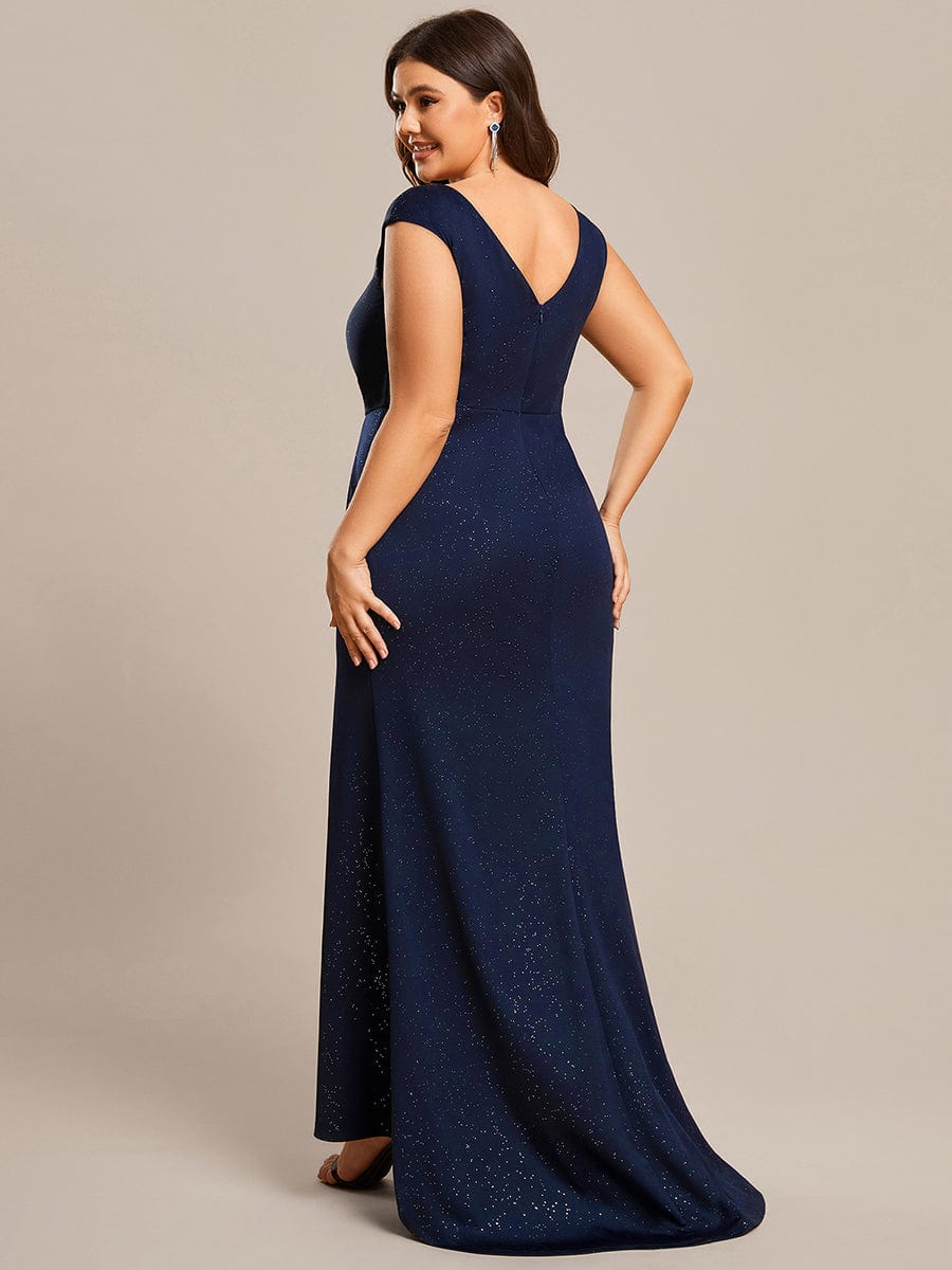 Robe mère de la mariée élégante col en V scintillant fendue grande taille #Couleur_Bleu Marine