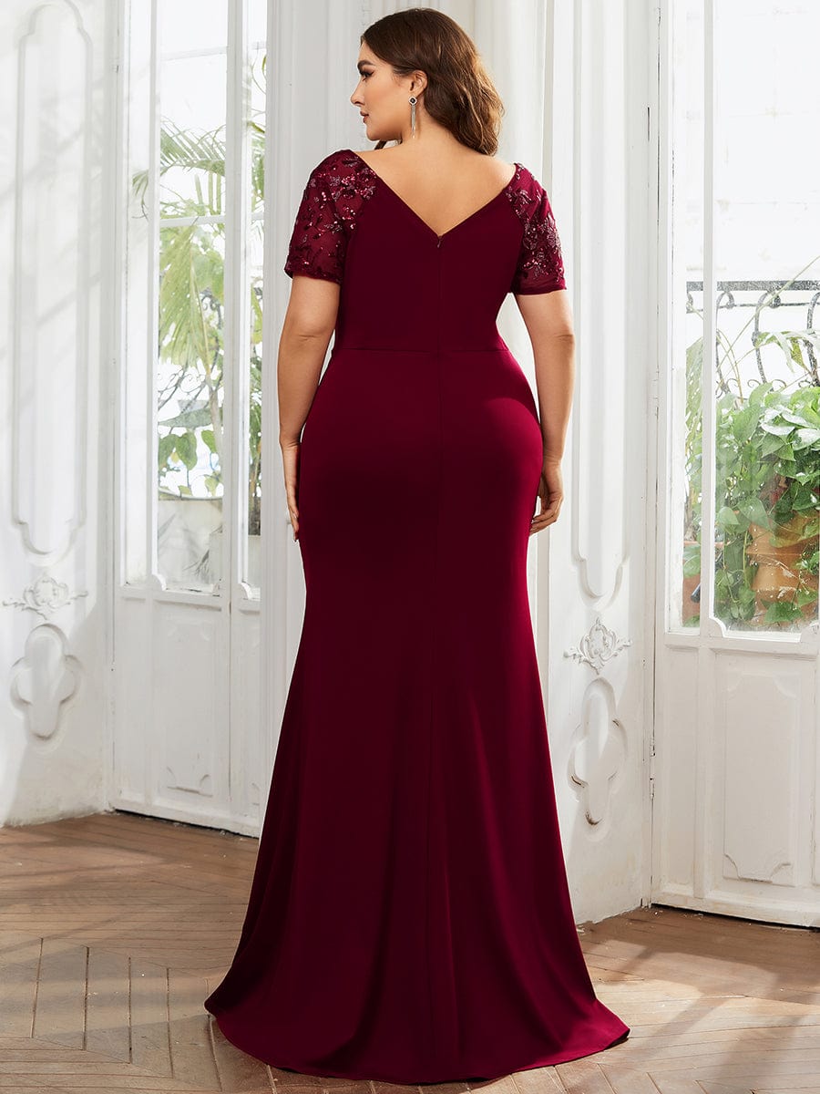 Robe Mère de la mariée Manches courtes Encolure V profonde Fente sur le devant #Couleur_Bordeaux