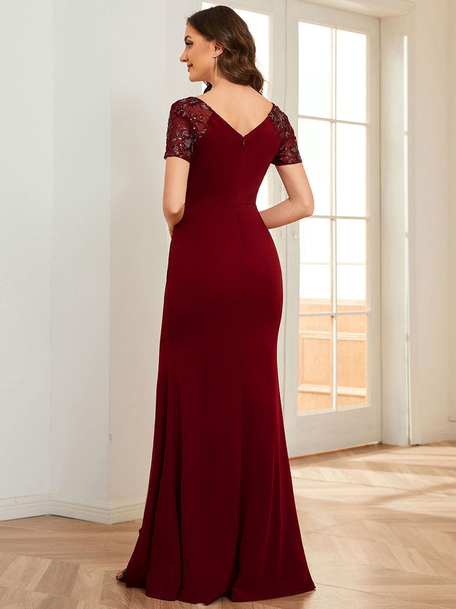 Robe Mère de la mariée Manches courtes Encolure V profonde Fente sur le devant #Couleur_Bordeaux