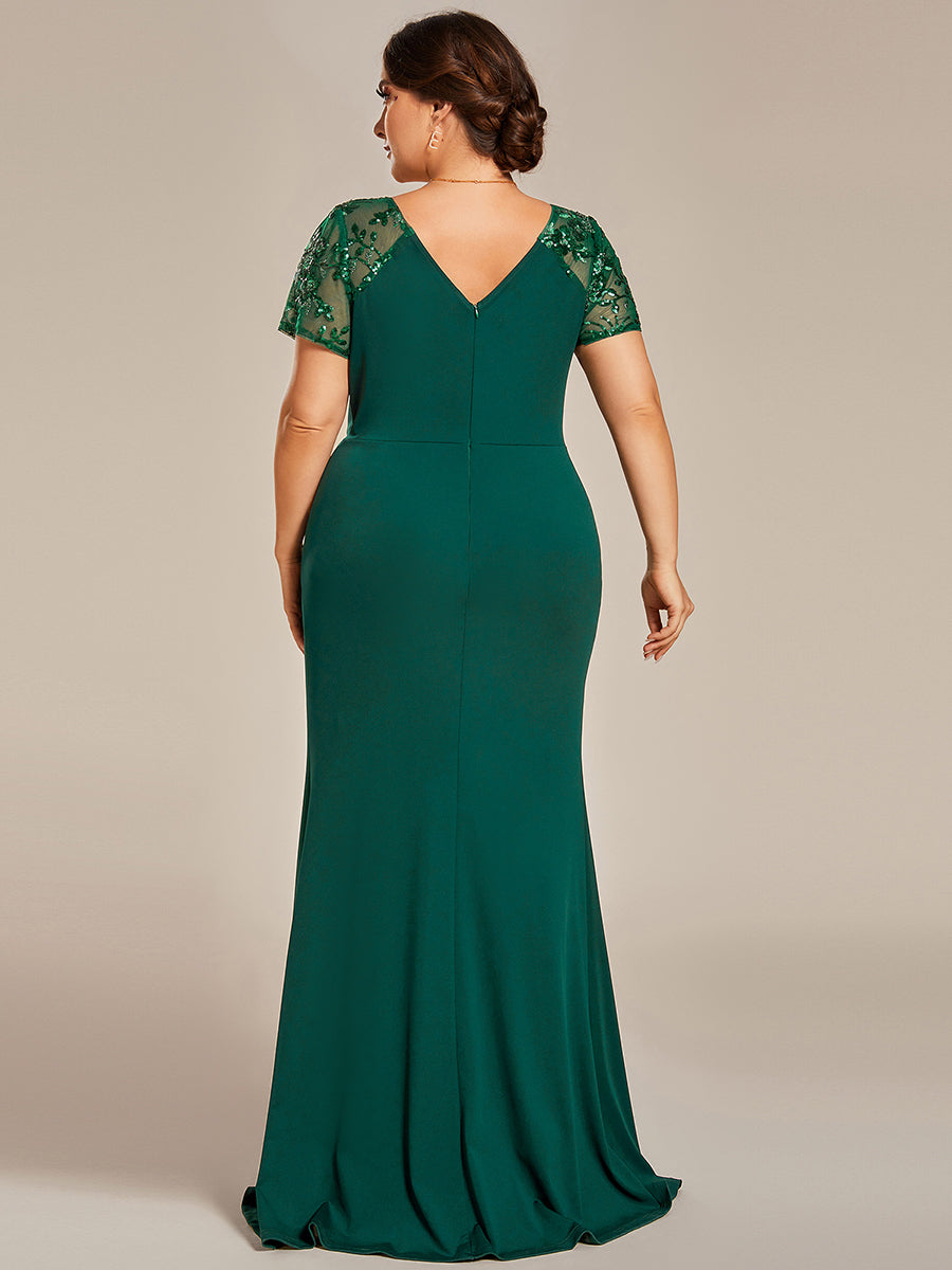 Robe Mère de la mariée Manches courtes Encolure V profonde Fente sur le devant #Couleur_Vert Fonce