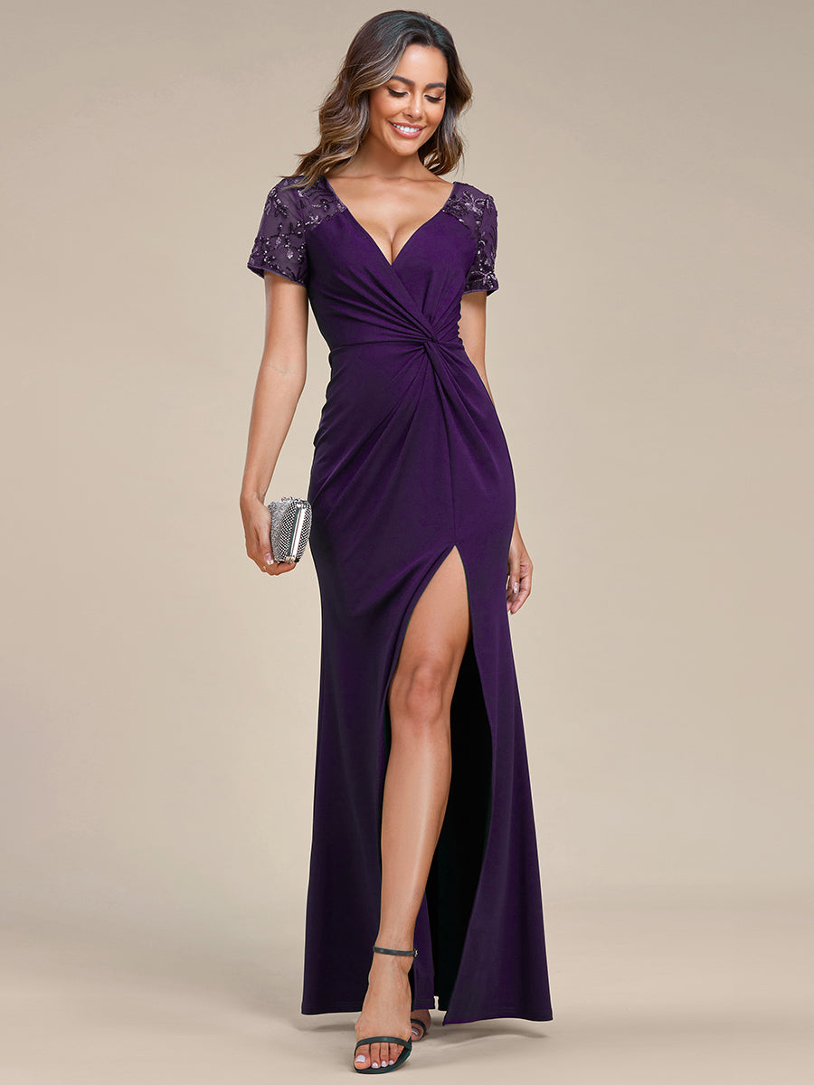 Robe Mère de la mariée Manches courtes Encolure V profonde Fente sur le devant #Couleur_Violet Fonce