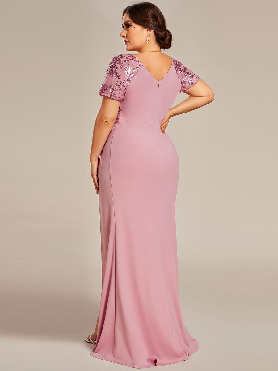 Robe Mère de la mariée Manches courtes Encolure V profonde Fente sur le devant #Couleur_Rose fumee