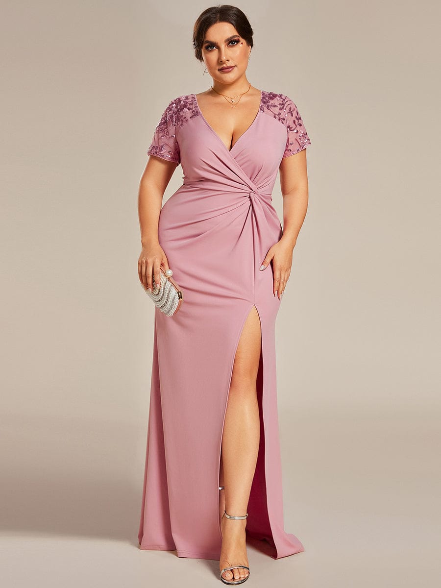 Robe Mère de la mariée Manches courtes Encolure V profonde Fente sur le devant #Couleur_Rose fumee