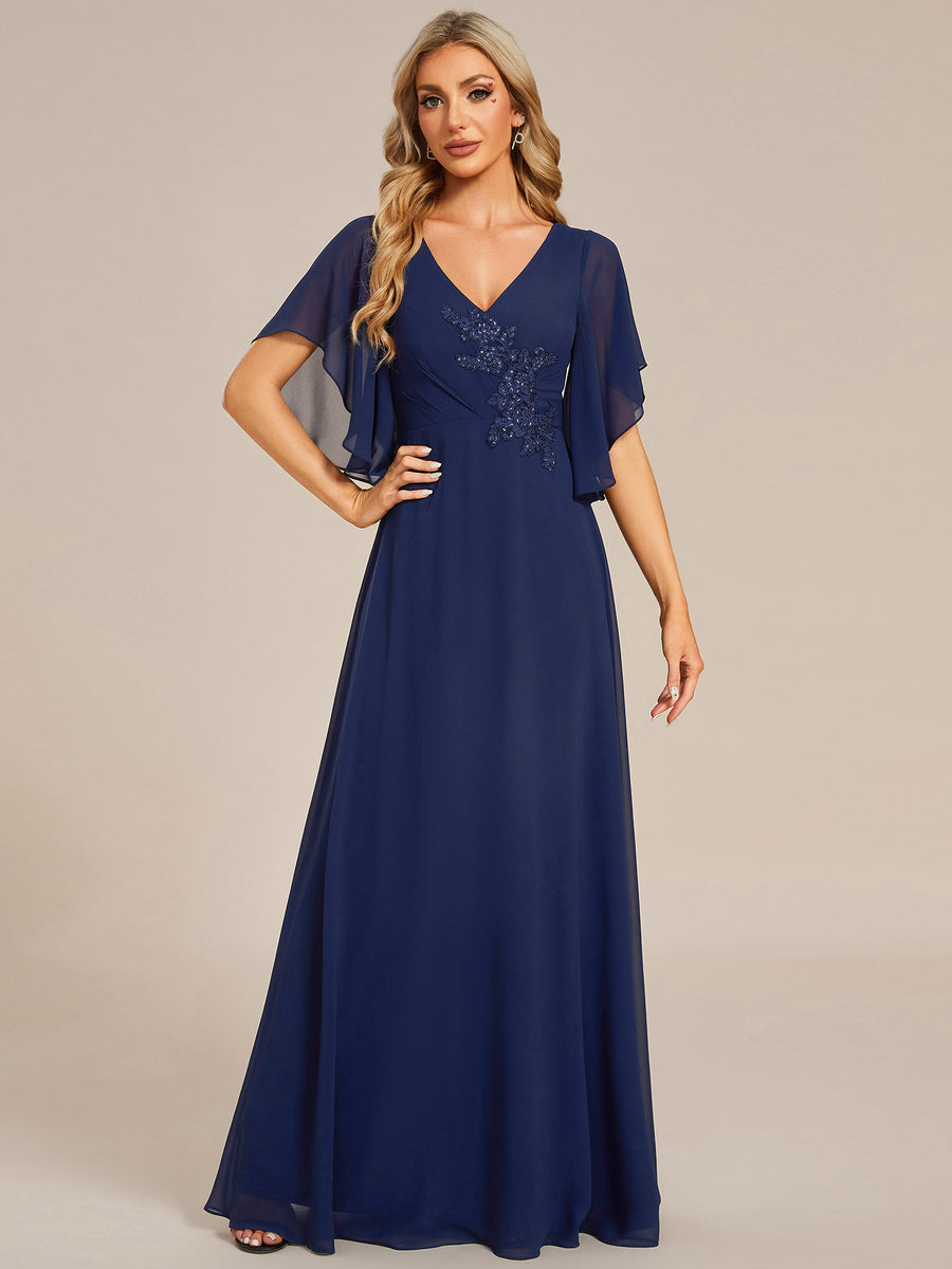 Robe mère de la mariée en mousseline de soie demi-manches décoration appliquée haut#Couleur_Bleu Marine