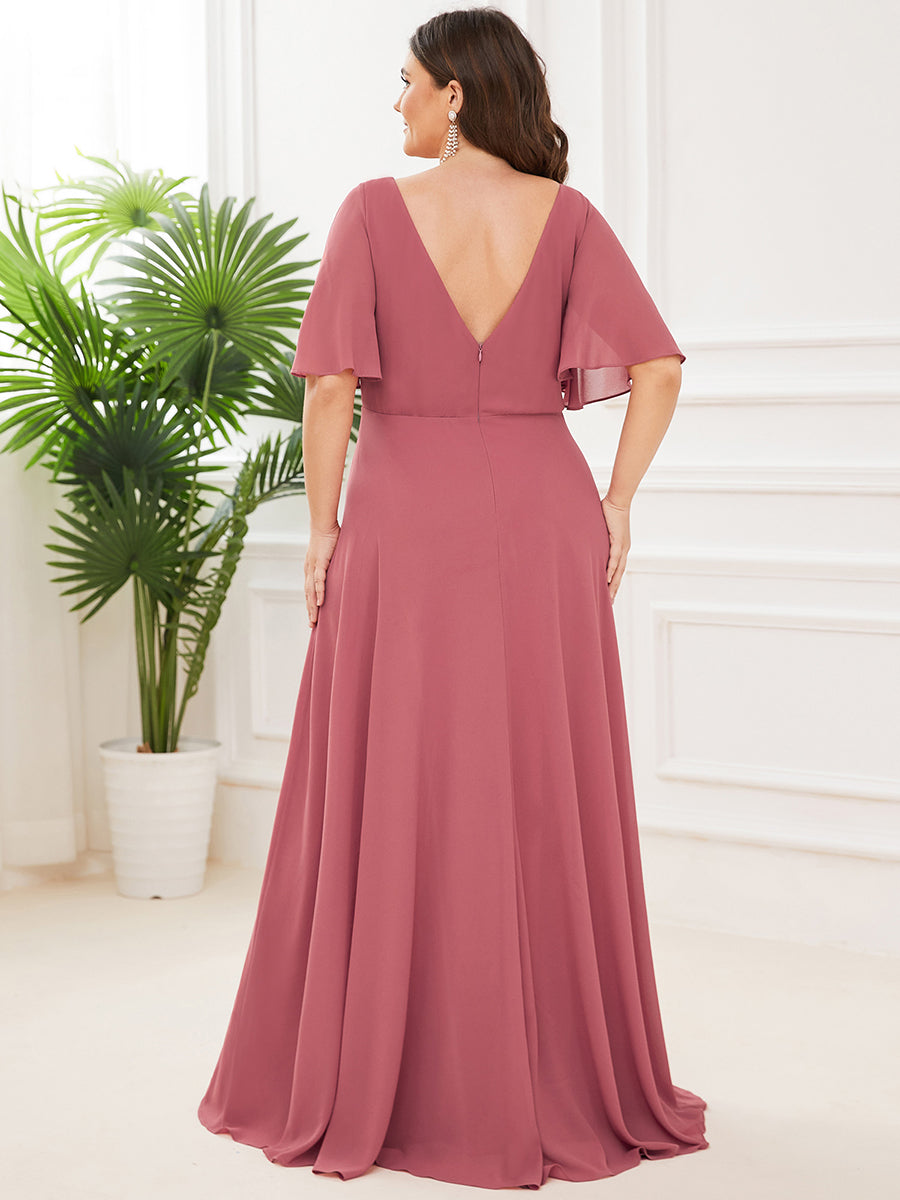 Robe Mère de la Mariée Illusion Panneau Mousseline A-ligne #Couleur_Rose corail