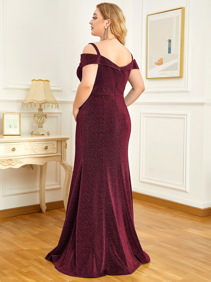 Robe de Mère de Mariée Brillante à Épaules Froides Grande Taille #Couleur_Bordeaux