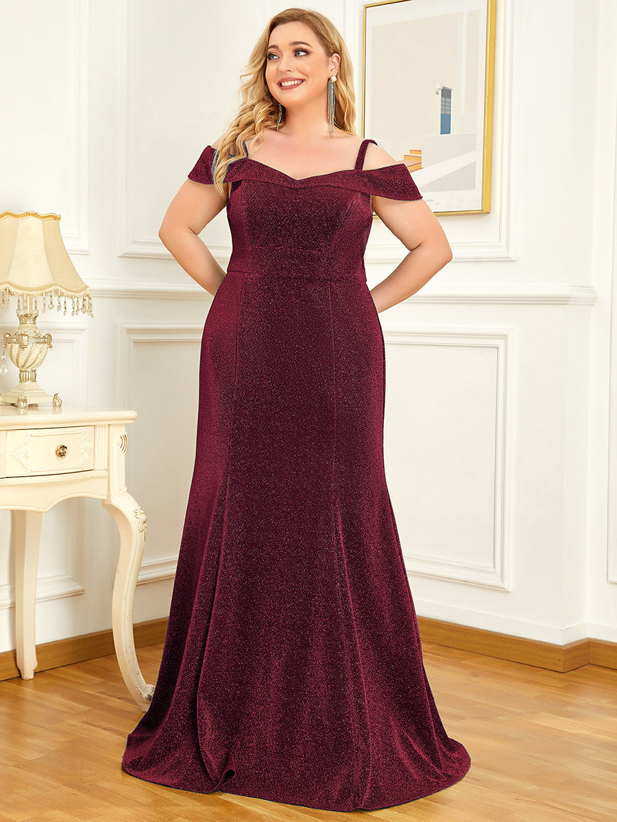 Robe de Mère de Mariée Brillante à Épaules Froides Grande Taille #Couleur_Bordeaux