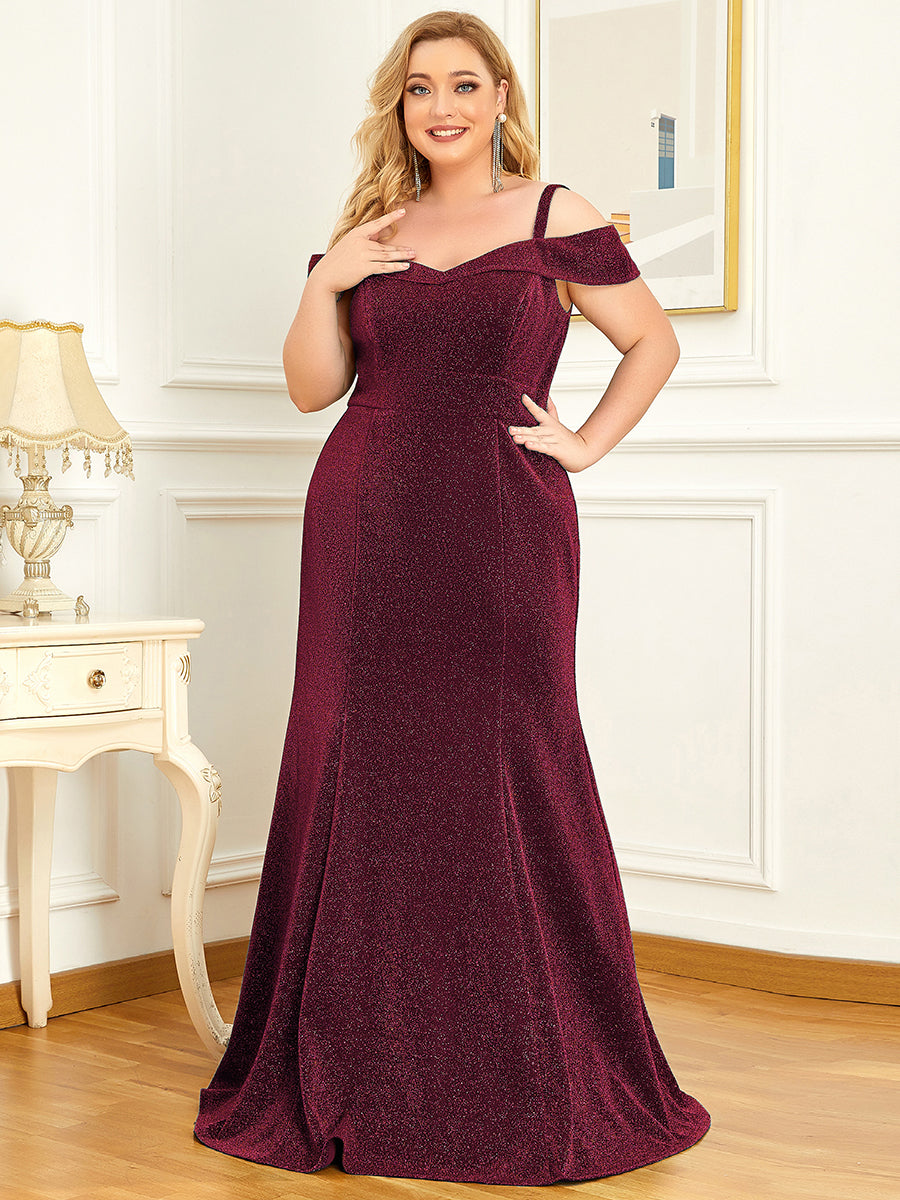 Robe de Mère de Mariée Brillante à Épaules Froides Grande Taille #Couleur_Bordeaux