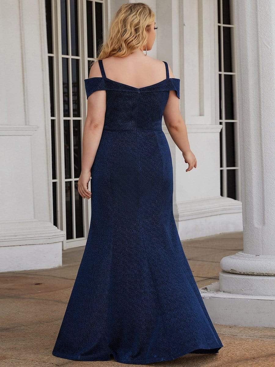 Robe de Mère de Mariée Brillante à Épaules Froides Grande Taille #Couleur_Bleu Marine