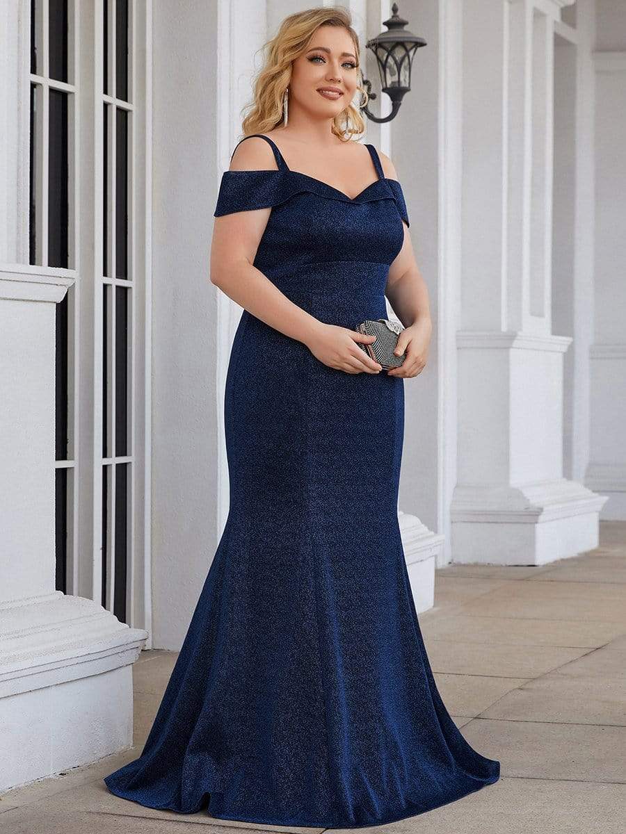 Robe de Mère de Mariée Brillante à Épaules Froides Grande Taille #Couleur_Bleu Marine