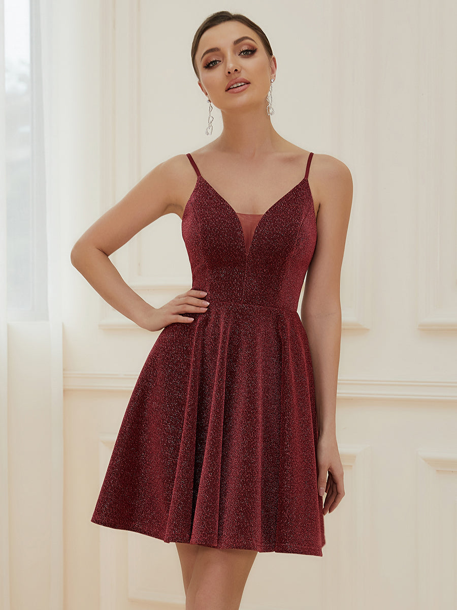 Taille personnalisée Robe De Bal Fantaisie Brillant Col En V Profond Au-dessus Du Genou #Couleur_Bordeaux