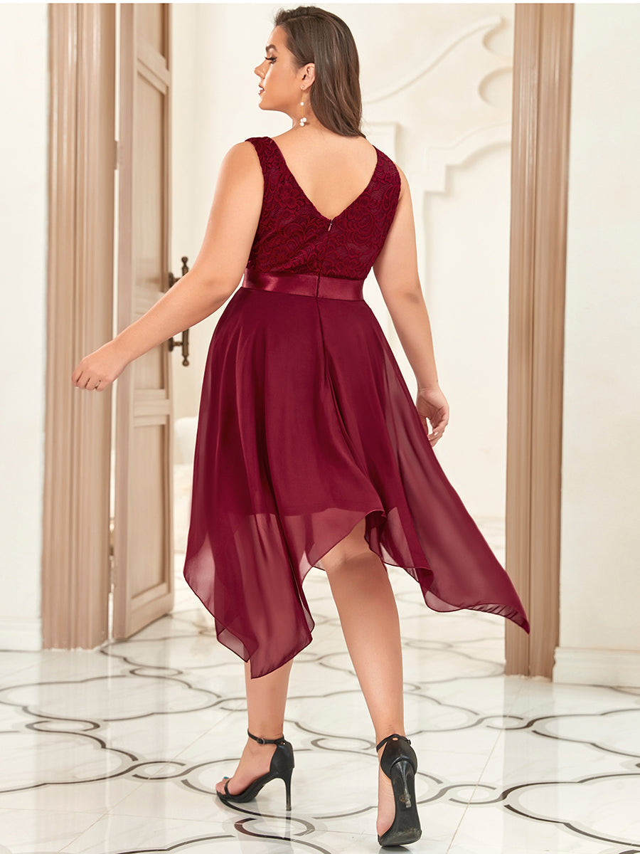 Robe mariage invitée en dentelle à col en V mi-longue fluide #Couleur_Bordeaux