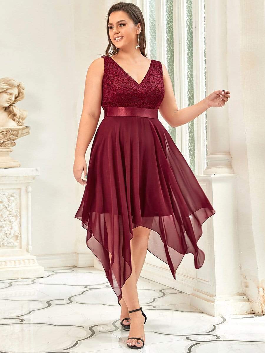 Superbe Robe mariage invitée en dentelle et en mousseline de soie à col en V de grande taille #Couleur_Bordeaux