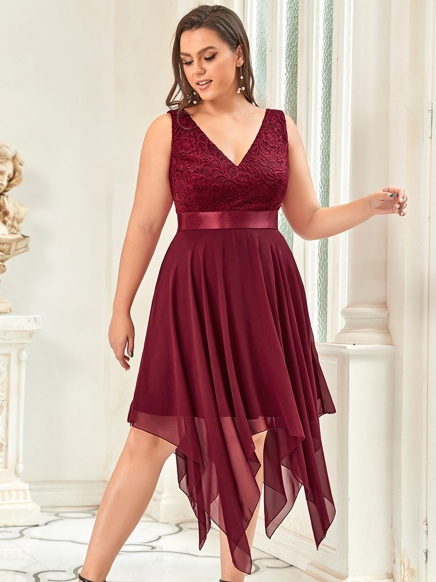 Robe mariage invitée en dentelle à col en V mi-longue fluide #Couleur_Bordeaux