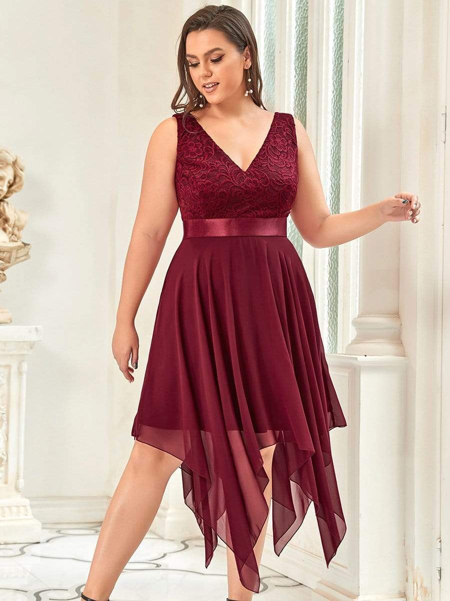 Superbe Robe mariage invitée en dentelle et en mousseline de soie à col en V de grande taille #Couleur_Bordeaux