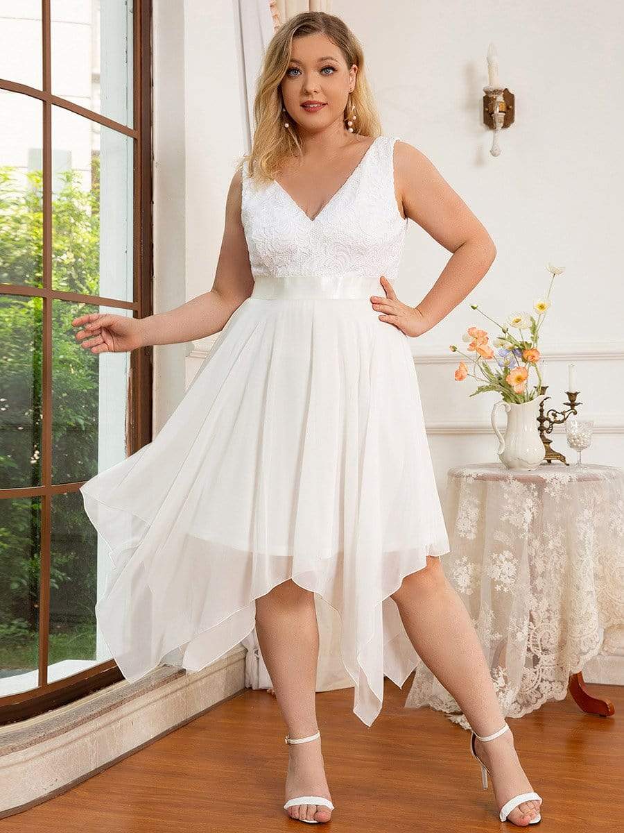 Superbe Robe mariage invitée en dentelle et en mousseline de soie à col en V de grande taille #Couleur_Creme