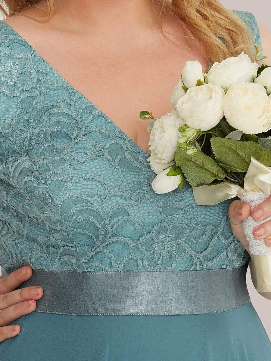 Superbe Robe mariage invitée en dentelle et en mousseline de soie à col en V de grande taille #Couleur_Bleu Fume